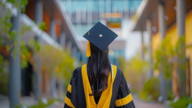 A girl wearing Grad regalia facing backwards