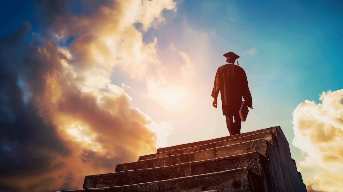 Man wearing grad regalia on top of stairs