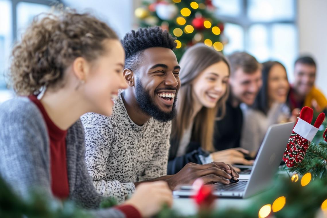 A group of people sitting on table with christmas decorations